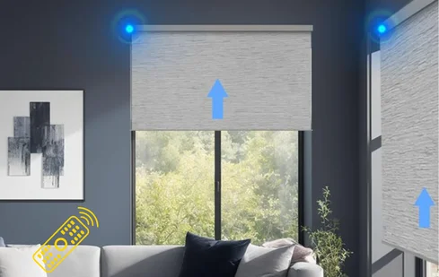 Smart motorized blinds compatible with voice or remote control systems.