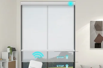 Close-up of smart motorized blinds with remote control.