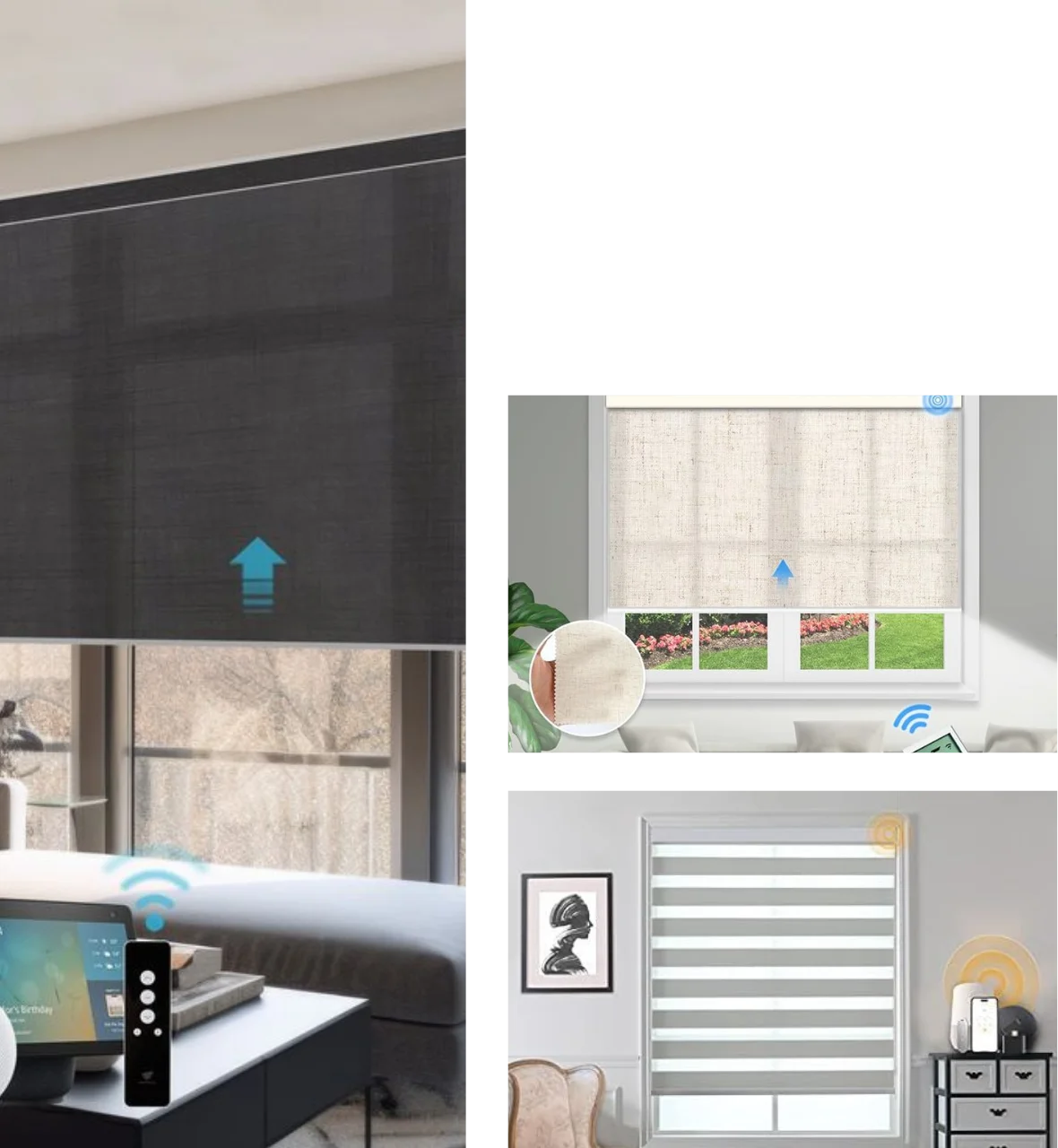 Smart motorized blinds compatible with voice control systems.