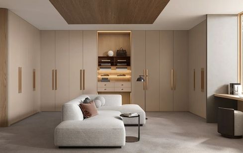 Sleek wardrobe cabinet in a modern living room.