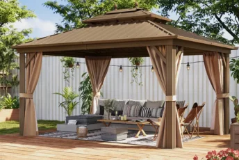 Wooden gazebo with comfortable outdoor seating