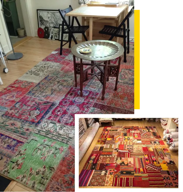 Distressed Persian patchwork carpet design